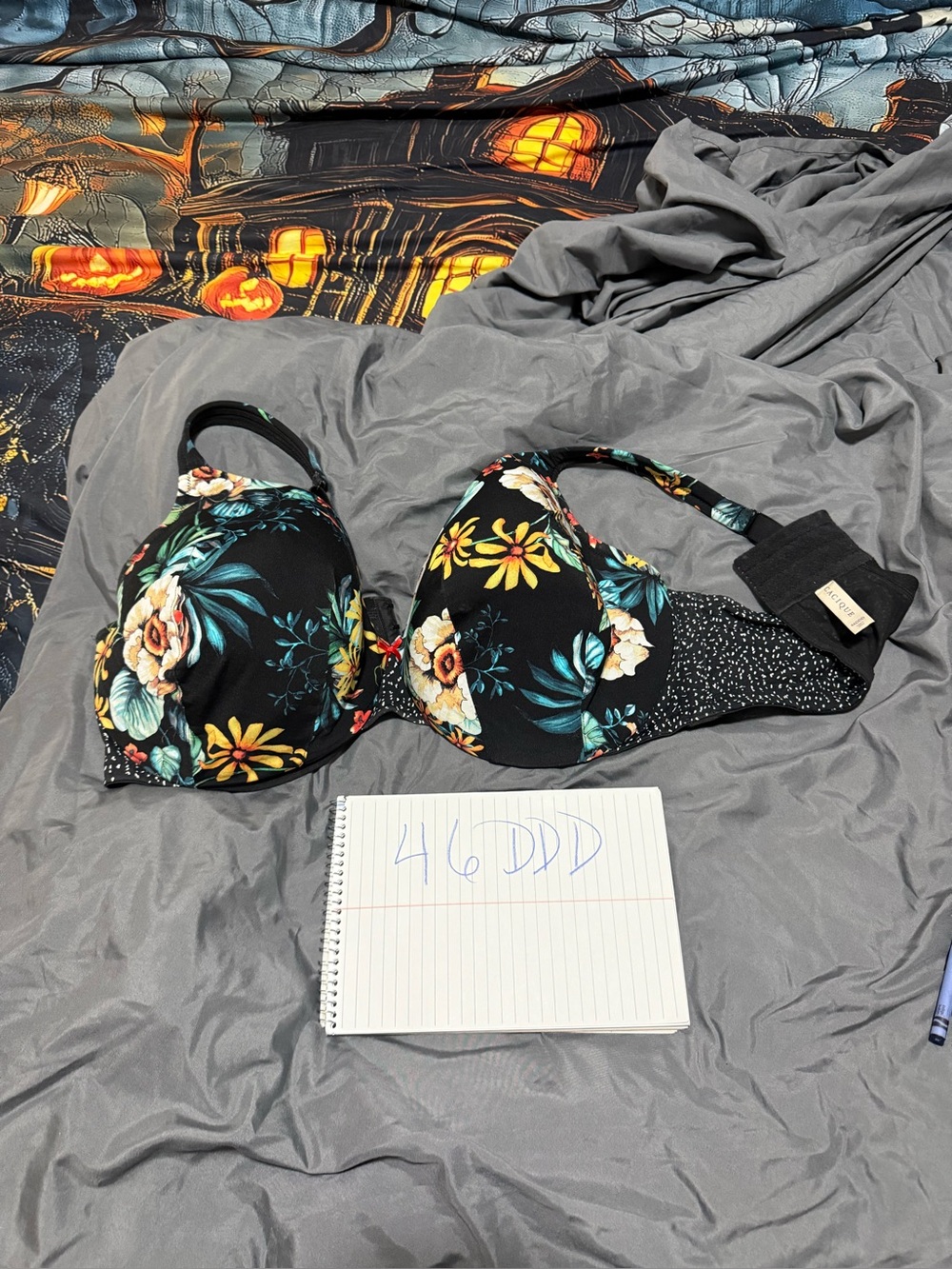 Cacique Black Floral Underwire Bra with Multicolor Blooms